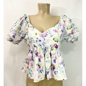 Urban Outfitters Floral Shirt M Medium 34” V Neck Short Sleeve Blouse Top Zipper